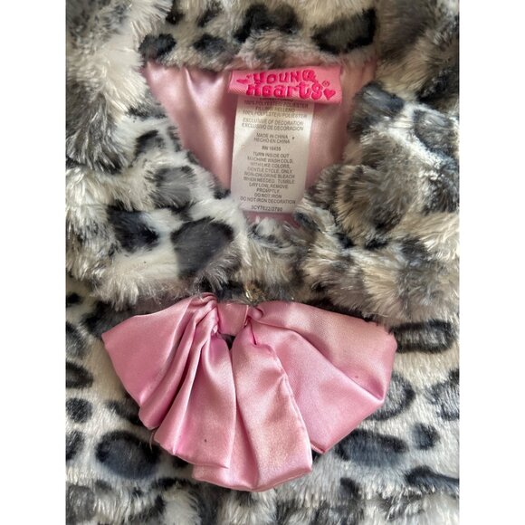 Girls Faux Fur White Gray Leopard Print Coat Pink Bow Accent & blingy Buttons 3T - Picture 4 of 8